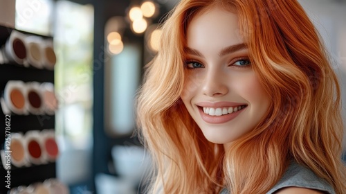 Wallpaper Mural beauty, hair dyeing and people concept - happy young woman with hairdresser choosing hair color from palette samples at salon Torontodigital.ca