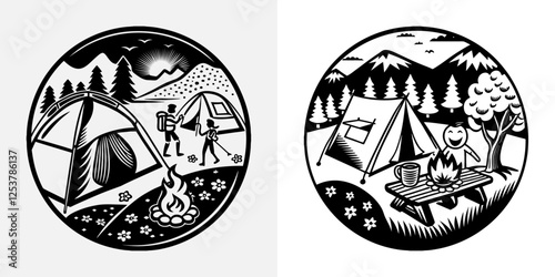 Black and white circular camping scene illustration, minimalist style, forest backdrop, mountain silhouettes