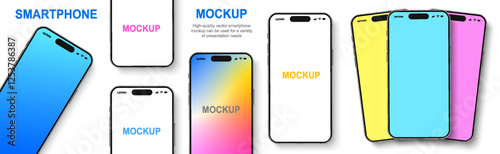 Smartphone mockup collection, 3D mobile phones device front view, high quality smart phone mockup with shadow, realistic smart phone set isolated