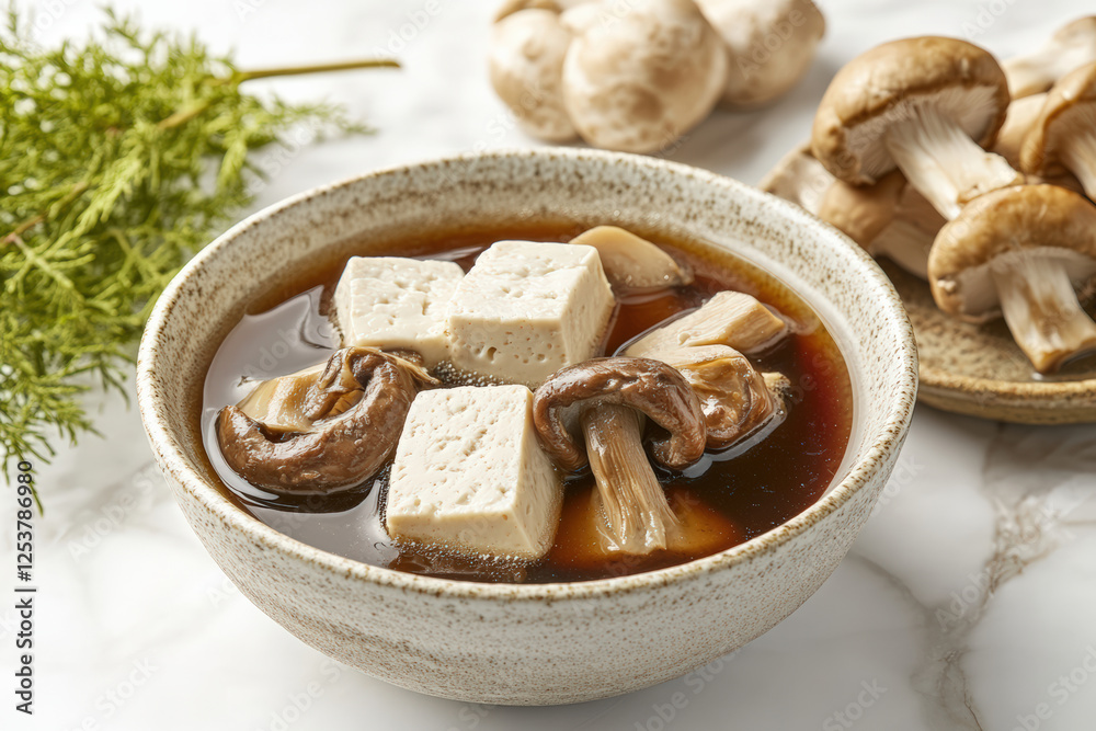 A warm bowl of tofu and assorted mushrooms in a rich, dark broth, served in a ceramic bowl on a marble surface with fresh ingredients. A warm bowl of tofu and assorted mushrooms in a rich, dark broth, served in a ceramic bowl on a marble surface with fresh ingredients.