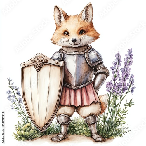 A charming fox in armor holds a shield, standing confidently among lavender flowers, blending themes of bravery and nature. photo