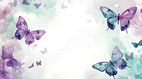 Watercolor card with purple butterflies with space for text in the middle
