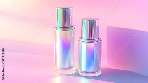 Luxurious iridescent beauty product bottles in a dreamy pastel gradient studio backdrop  Holographic shimmering and reflective cosmetic bottles displayed in a minimalist modern and elegant setting