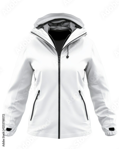 Women's White winter jacket mockup with black zippers and transparent background