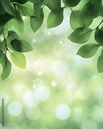 Soft green leaves blending into a serene summer sky kissed by gentle light and glowing bokeh.