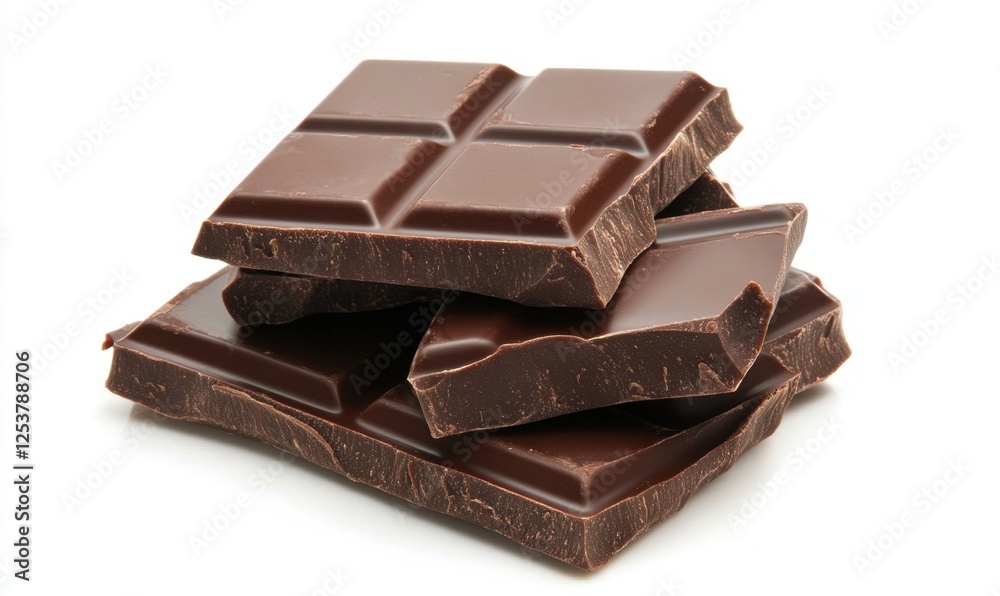 Dark chocolate pieces, close-up, studio shot, white background, food photography Dark chocolate pieces, close-up, studio shot, white background, food photography