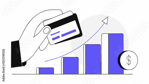 A hand holds a credit card above a rising bar graph, with an upward arrow indicating growth.A dollar symbol is positioned next to the tallest bar,suggesting financial increase or investment success.AI