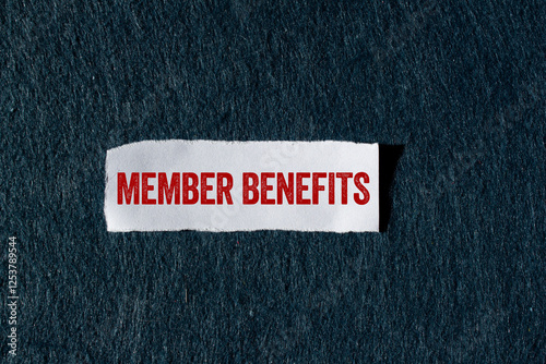 Member benefits message written on ripped torn paper piece with gray background. Conceptual member benefits symbol. Copy space.