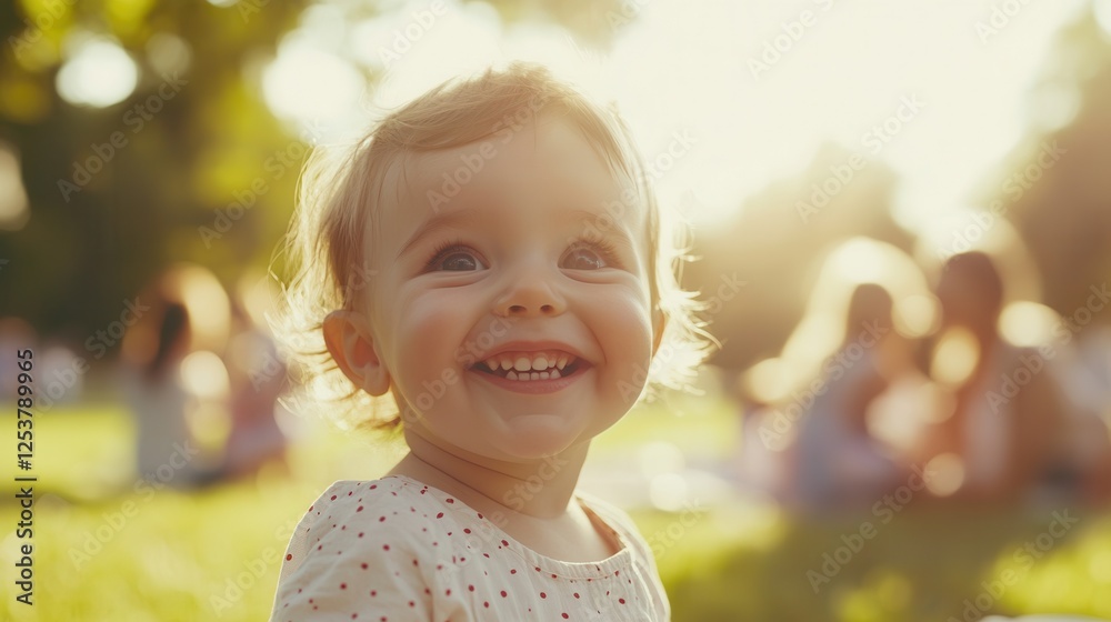 A joyful little girl smiles in a vibrant park surrounded by cheerful people enjoying a sunny day outdoors. A joyful little girl smiles in a vibrant park surrounded by cheerful people enjoying a sunny day outdoors.