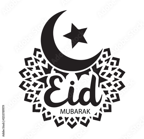 Eid Mubarak text with crescent moon and star design. Vector illustration