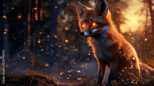 Wallpaper Mural Enigmatic Fox in Enchanted Forest, a fox with luminous eyes surrounded by a mystical ambiance of fireflies in a shadowy woodland setting Torontodigital.ca