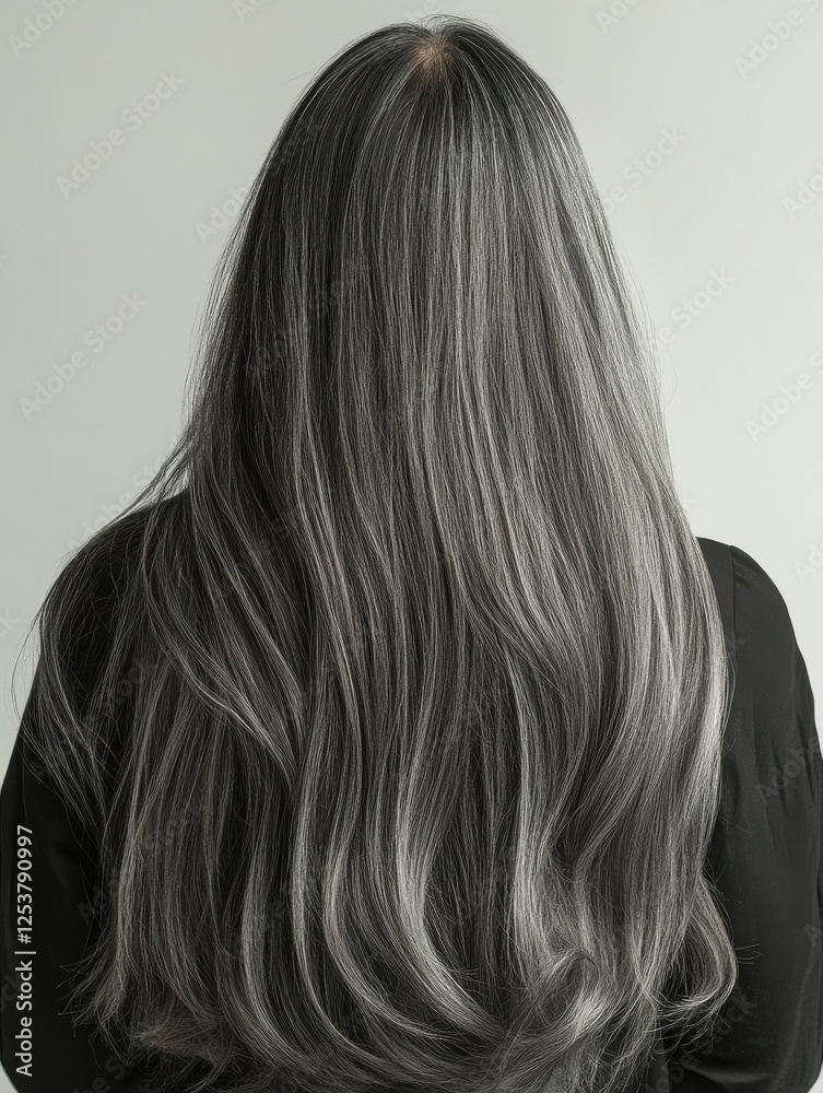 Naklejka premium Back view of senior mature middle aged older Asian lady with long gray natural coloring vibrant silky hair. Dry hair replenishing healing treatment for women after menopause advertising concept.