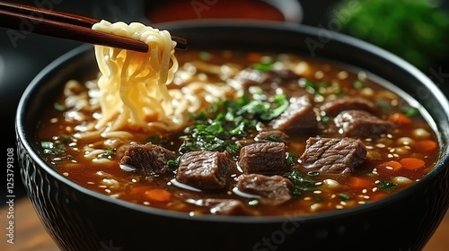 Asian Beef Ramen Noodles, Chopsticks, Close-up, Spicy Sauce Background photo