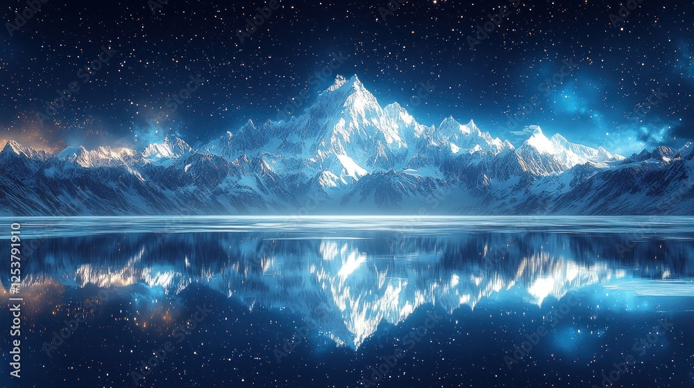 Fototapeta premium Majestic Night: Snow-Capped Mountain Reflection Under a Starry Sky