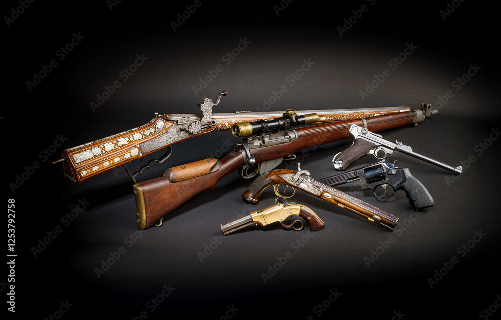 Obraz premium Sammlung alter historischer Schusswaffen aus verschiedenen Epochen mit kunstvollen Verzierungen und einzigartigem Design mit dramatischem Licht auf schwarzem Untergrund