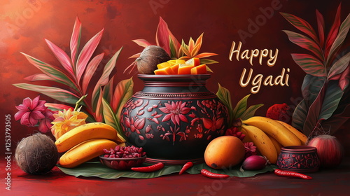 Vibrant Ugadi festival still life featuring a traditional decorative pot, tropical fruits, and colorful flowers against a rich red backdrop. Perfect for cultural celebrations, holiday greeting cards