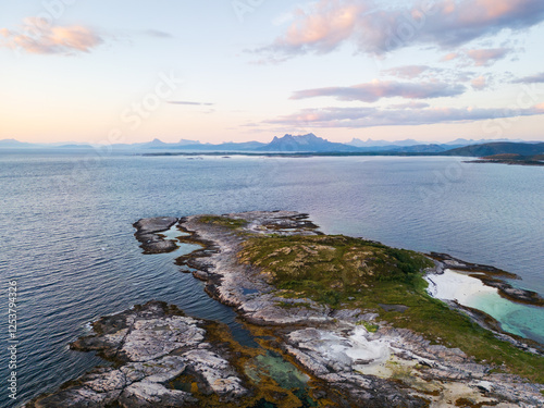 Norway natural landscape in the north, Norland, Hamaroy area. Beautiful aerial landscape of Northern Norway with sea and mountains in Scandinavia by drone photo