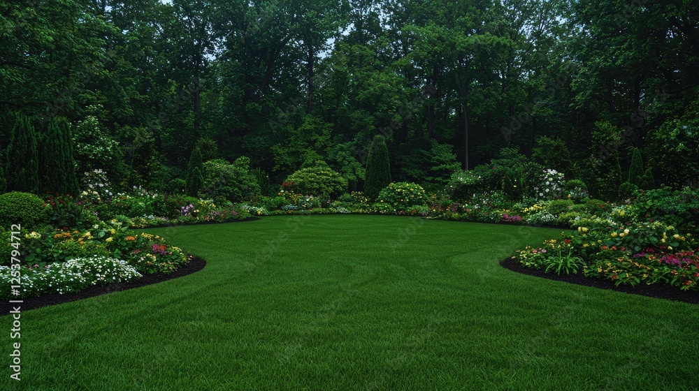 Fototapeta premium Lush garden on a rainy day, tranquil scene, possible use for wallpaper or poster design