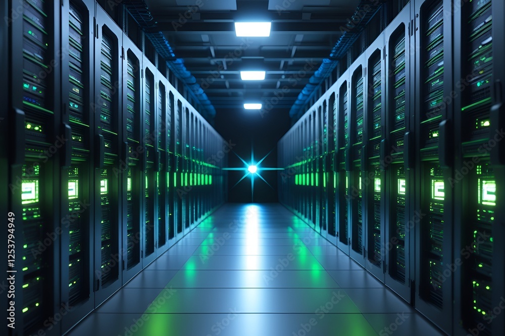 Dark servers data center room with computers and storage systems. Detailed Visualization Concept of Internet of Things, Data Flow, Digitalization of Online Traffic. Information Storage Equipment Dark servers data center room with computers and storage systems. Detailed Visualization Concept of Internet of Things, Data Flow, Digitalization of Online Traffic. Information Storage Equipment