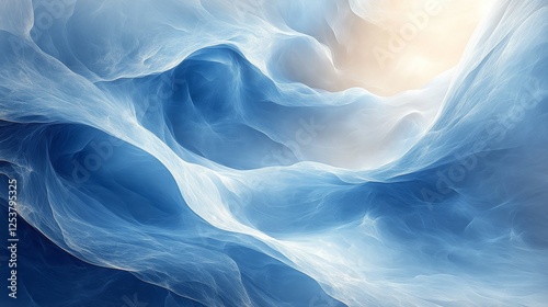 Blue Abstract Landscape with Light: Dreamy Cloudscape with Subtle Light, Serene, Flowing, Translucent, Airy, Gentle and Ethereal. Digital Art Style.