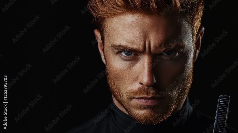 Fototapeta premium beauty and hair salon, hairstyle and people concept - close up of male stylist with scissors and comb over blank black background