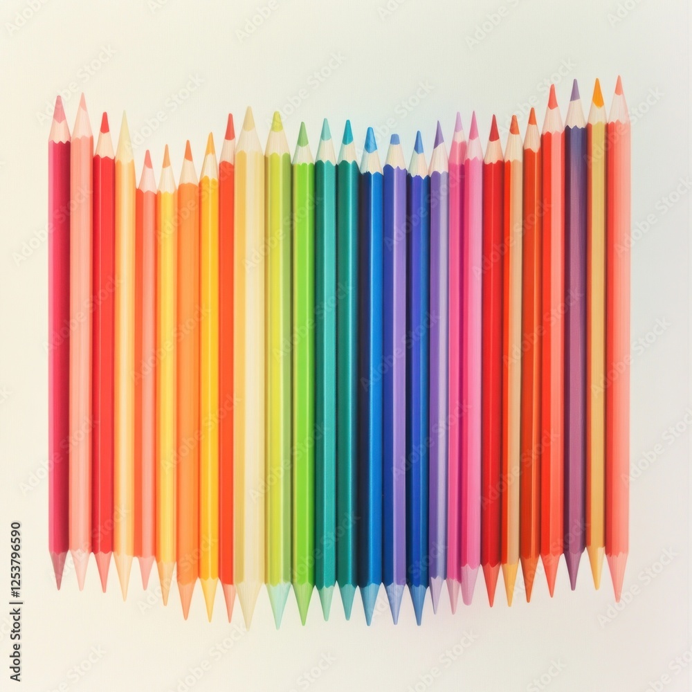 Obraz premium An artistic composition of colored pencils arranged in a gradient pattern, their lengths and colors varying slightly, set against a plain pastel background