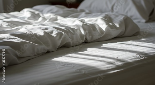 White bed sheets with a subtle embroidered heart pattern, bright morning bedroom light1 photo