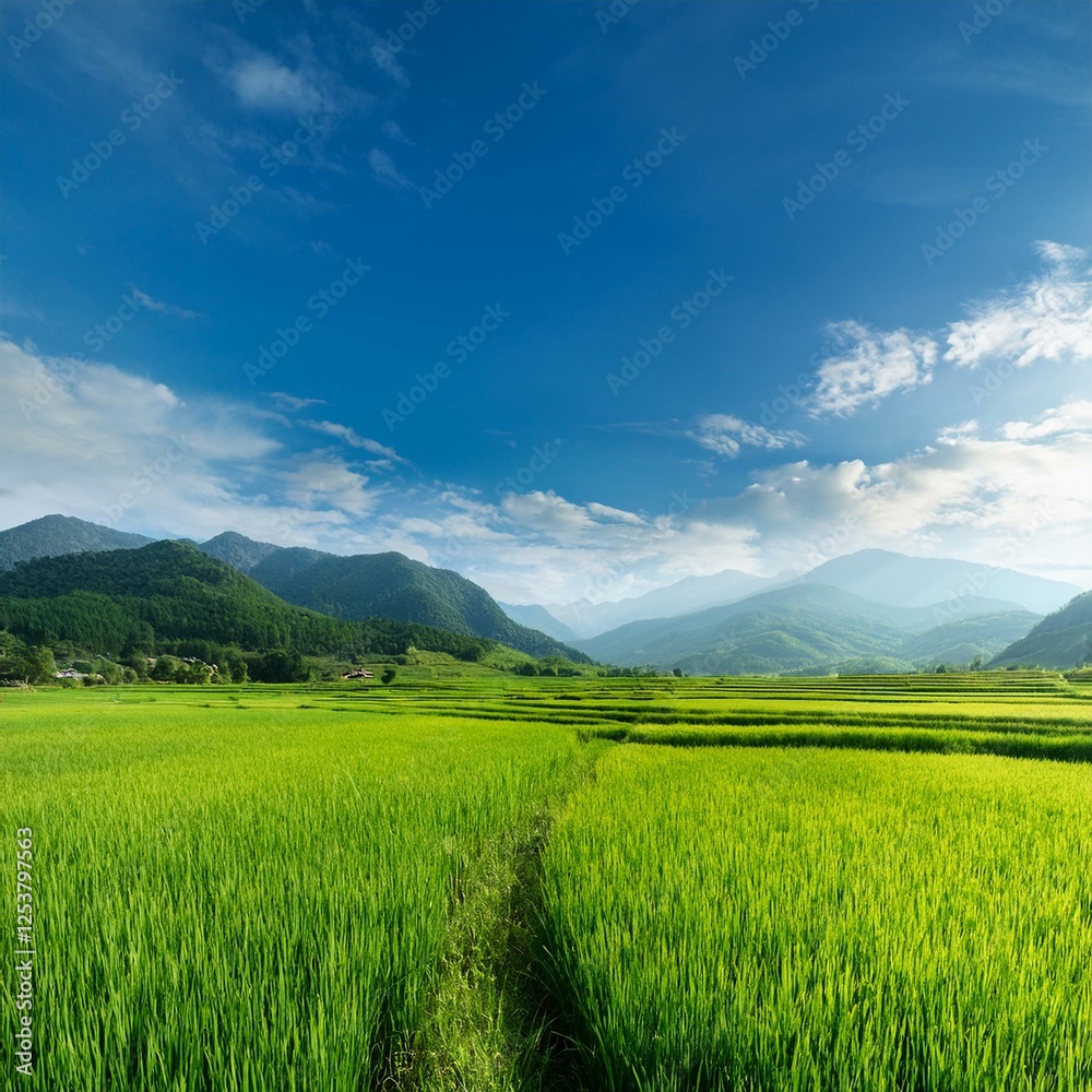 Obraz premium 春の田園風景 稲作の田んぼや野原が広がる風景。遠くに見える山々と空との間に広大な余白が確保され、自然な背景として利用可能。