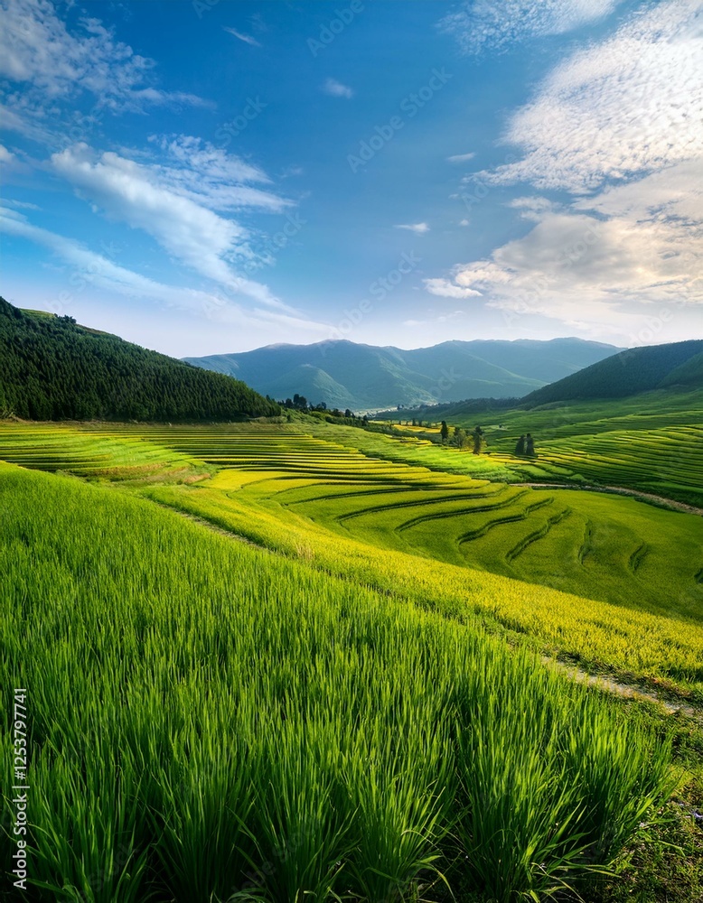 Obraz premium 春の田園風景 稲作の田んぼや野原が広がる風景。遠くに見える山々と空との間に広大な余白が確保され、自然な背景として利用可能。