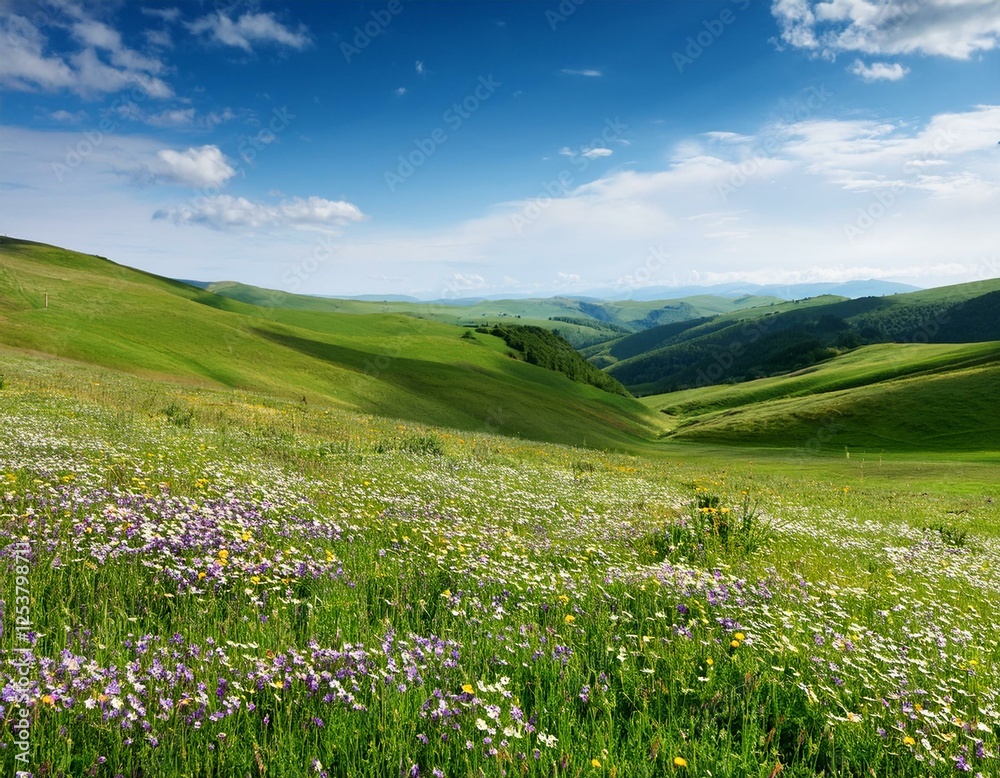 Fototapeta premium y 春の丘陵風景 そよ風に揺れる草原と点在する花々。広い空が背景に広がり、余白部分がテキストやグラフィックの配置をサポート
