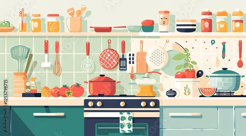 Organized Kitchen Scene: A vibrant illustration of a well-organized kitchen featuring teal cabinets, colorful cookware, fresh produce, and neatly arranged shelves.