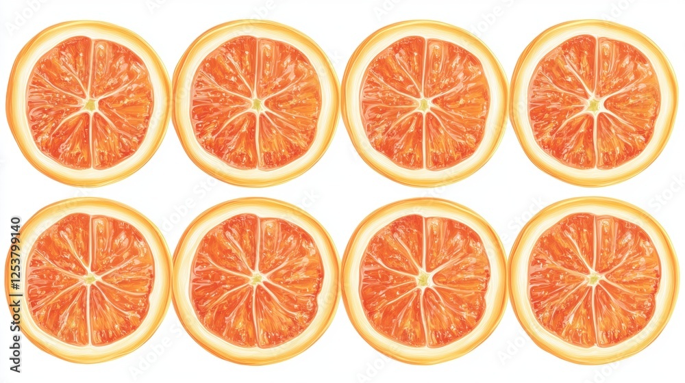 Obraz premium Arrangement of Fresh Sliced Oranges Displayed in a Symmetrical Pattern on a White Background