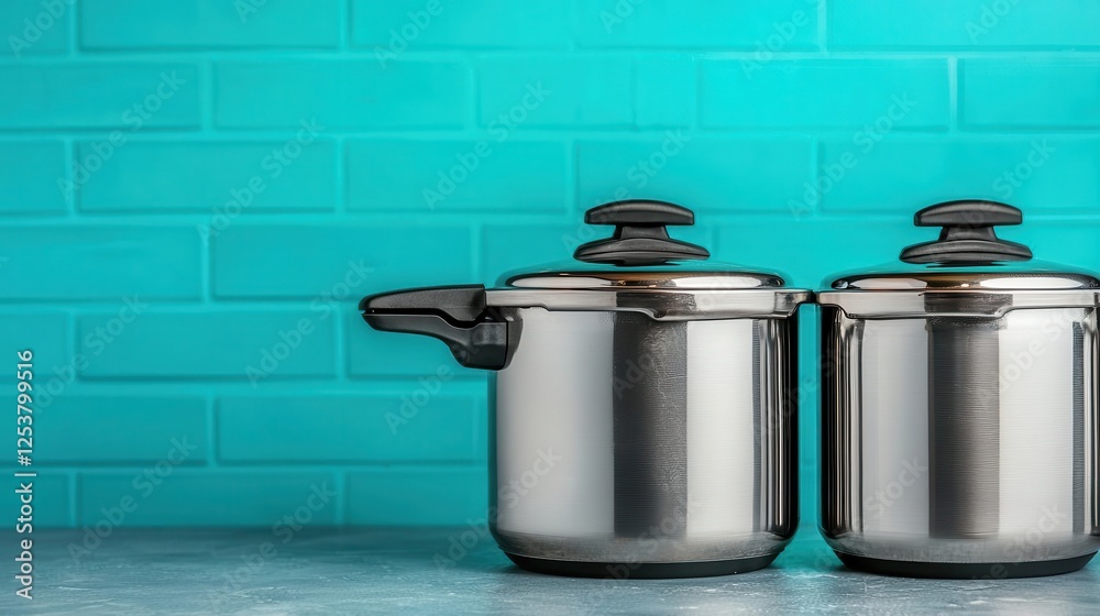 Shiny stainless steel pressure cookers lined up for inspection Shiny stainless steel pressure cookers lined up for inspection