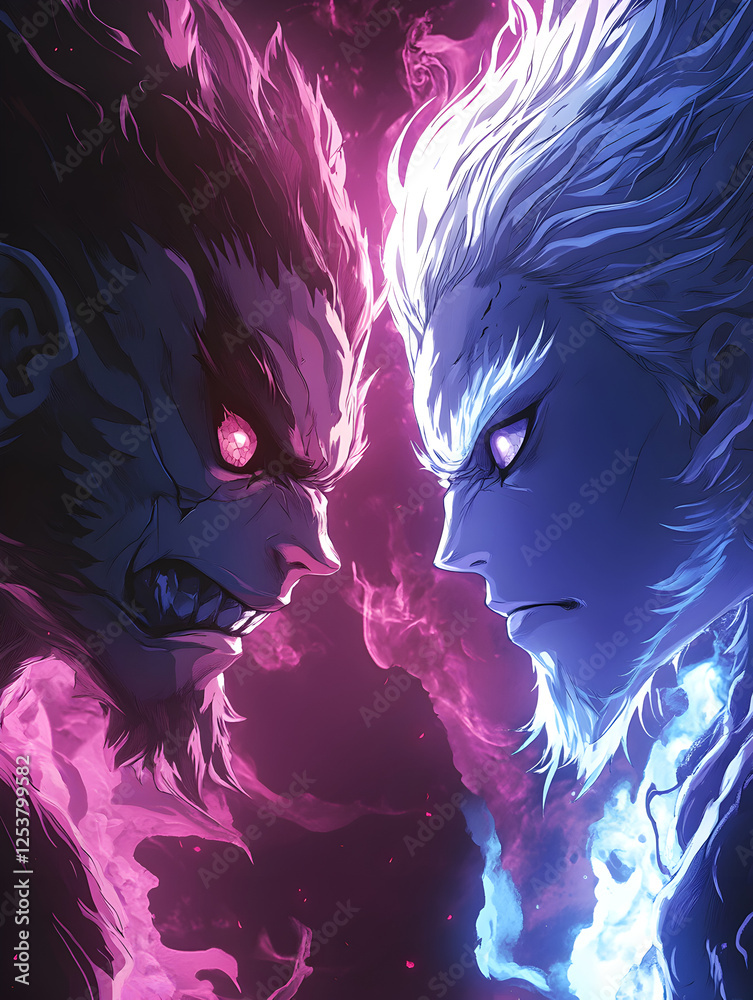 Fototapeta premium Epic Fantasy Battle: Confrontation of Powerful Characters in a Vibrant Duel of Light and Dark Energy, Showcasing Supernatural Rivalry, Intense Emotions, and Dramatic Colors in Stunning Illustrations