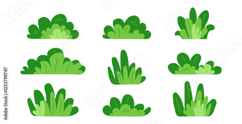 Cartoon bush grass, forest tree and plant, green garden icon. Park, leaf, lawn. Landscape and meadow, abstract field, cute foliage doodle set isolated on white background. Nature vector illustration