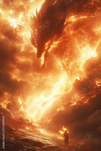 Epic Fantasy Dragon Battle: A Majestic Hero's Silhouette Against Ominous Flames and Glowing Smoke in a Volcanic Landscape Under an Intense Sky at the Horizon of Imagination and Adventure