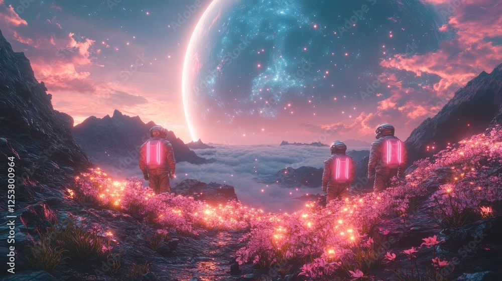 Astronauts explore a surreal landscape filled with flowers under a vibrant celestial sky. Astronauts explore a surreal landscape filled with flowers under a vibrant celestial sky.