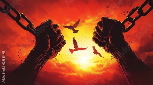 Dramatic digital illustration of strong hands breaking free from chains against a fiery sunset sky with soaring birds. A powerful representation of freedom, resistance, and breaking barriers