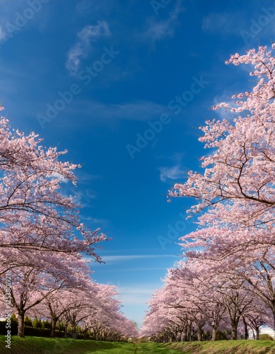  桜並木と青空 満開の桜が咲き誇る桜並木。淡いピンクの花と澄んだ青空が調和し、空の上部や横に十分な余白が生まれる構図