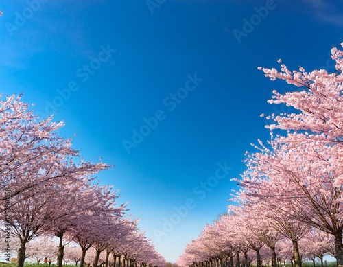  桜並木と青空 満開の桜が咲き誇る桜並木。淡いピンクの花と澄んだ青空が調和し、空の上部や横に十分な余白が生まれる構図 photo