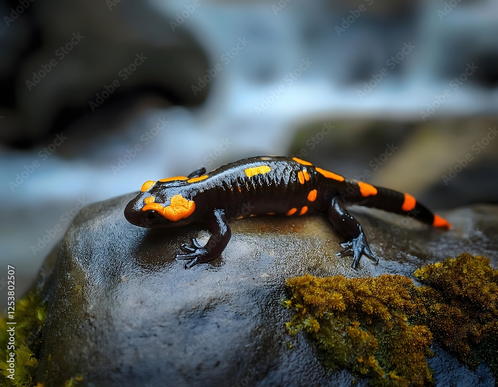 Fire salamander on a rock near the river Fire salamander on a rock near the river