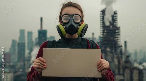 A masked individual stands in front of industrial buildings, holding a blank sign amid a polluted urban landscape.