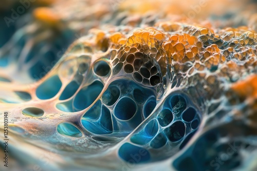 Abstract image of a porous, biomorphic structure with vibrant teal and orange hues, resembling a microscopic organism or alien landscape.