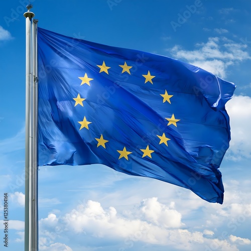 The European Union flag on a pole blowing in the wind photo