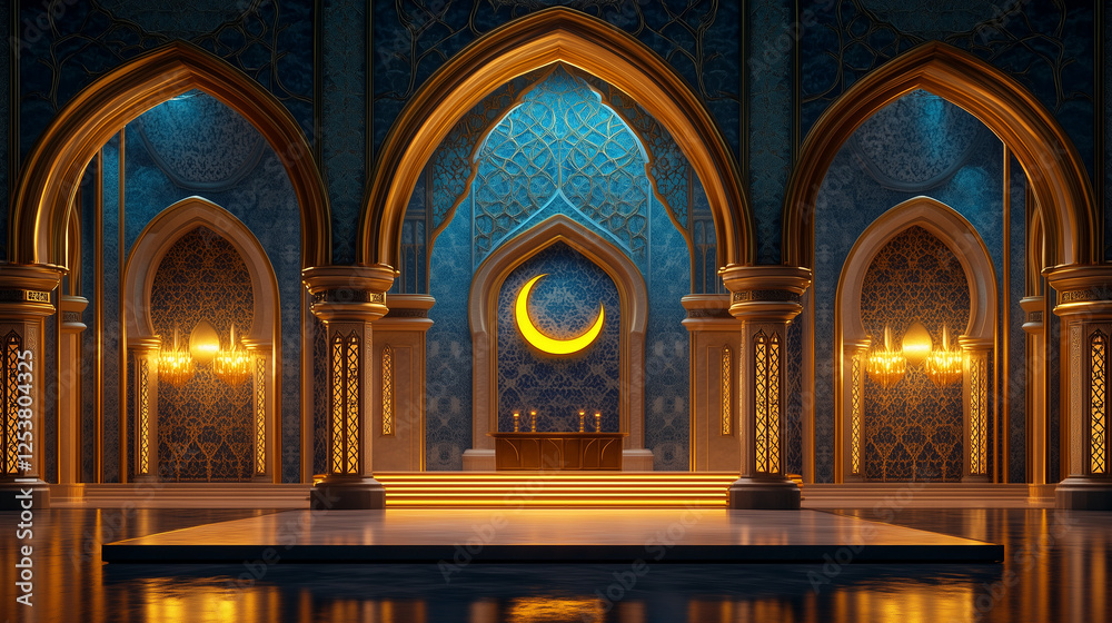 Obraz premium Glowing golden archway welcoming guests for a festive Ramadan event