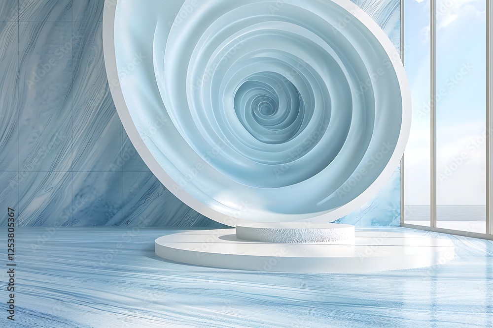 Obraz premium A mosaic podium featuring a minimalistic swirl design in light blue, set against a modern, open backdrop
