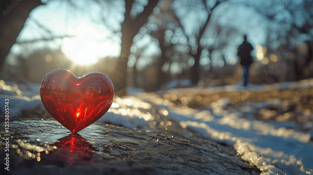 Fototapeta premium Glass Red Heart on Icy Ground Reflecting Sunlight - Symbol of Love, Loneliness, and Heartbreak - Winter Romance and Farewell Concept with Blurred Silhouette in Distance