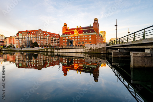 Malmö-City-Hall at golden hour and reflections