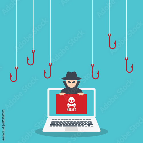 Hacker attack. Hackers and cybercriminals phishing, identity theft, user login, password, documents, email and credit card. Hacking and web security. Internet phishing concept. Vector illustration