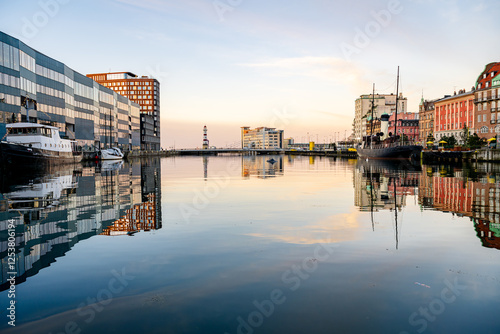 A view to Inre hamnen at golden hour with reflections photo